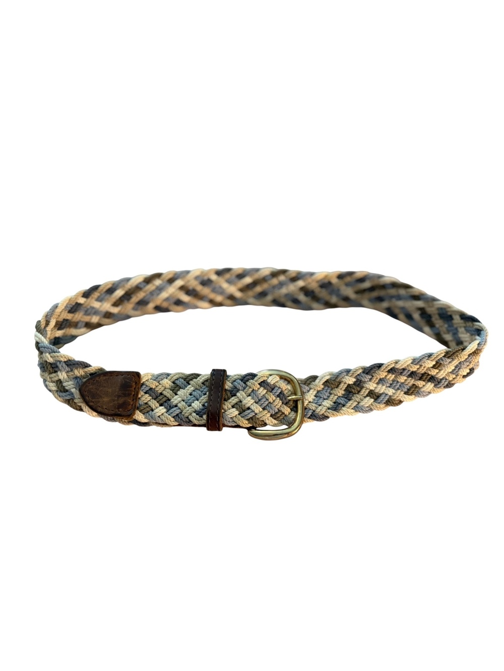 Braided Multi-Color Cotton Belt with Leather Accents and Brass Buckle